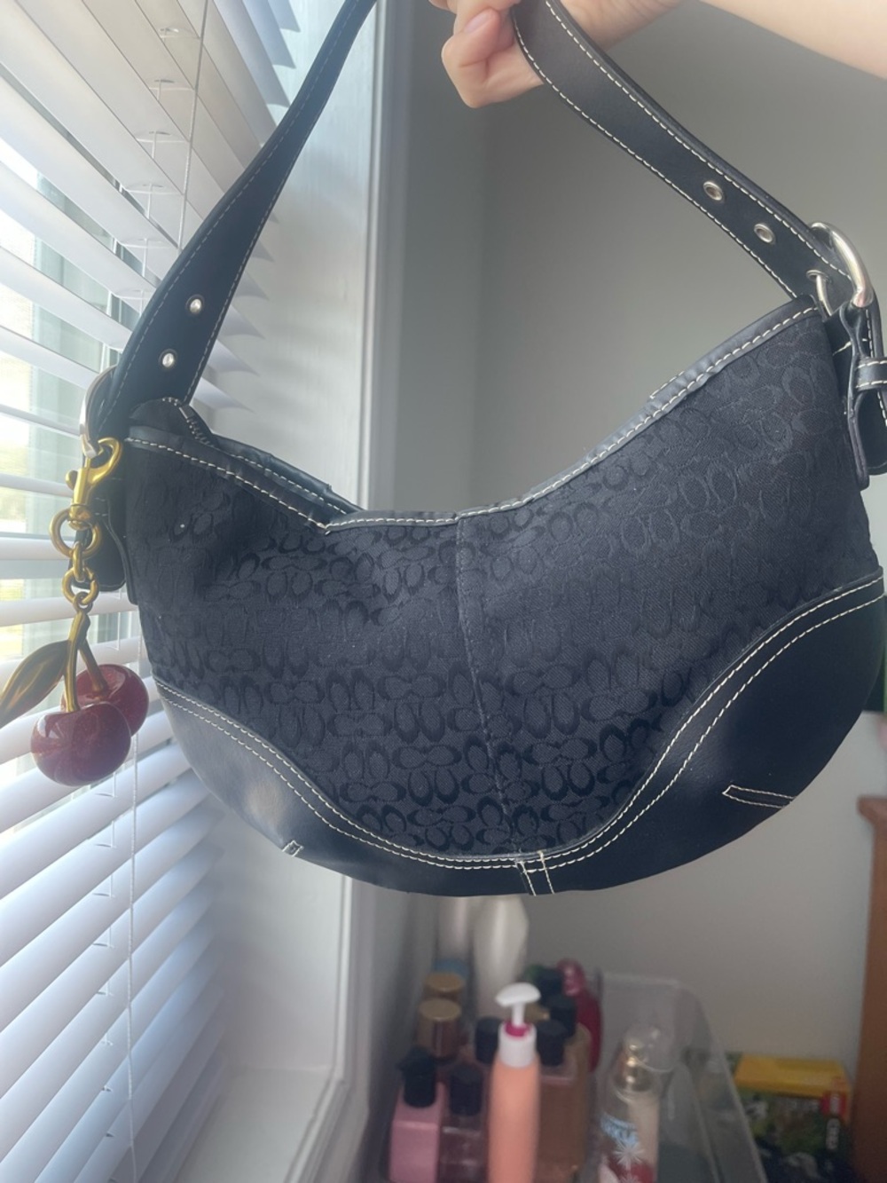 Coach Black Signature Shoulder Bag with Cherry Charm